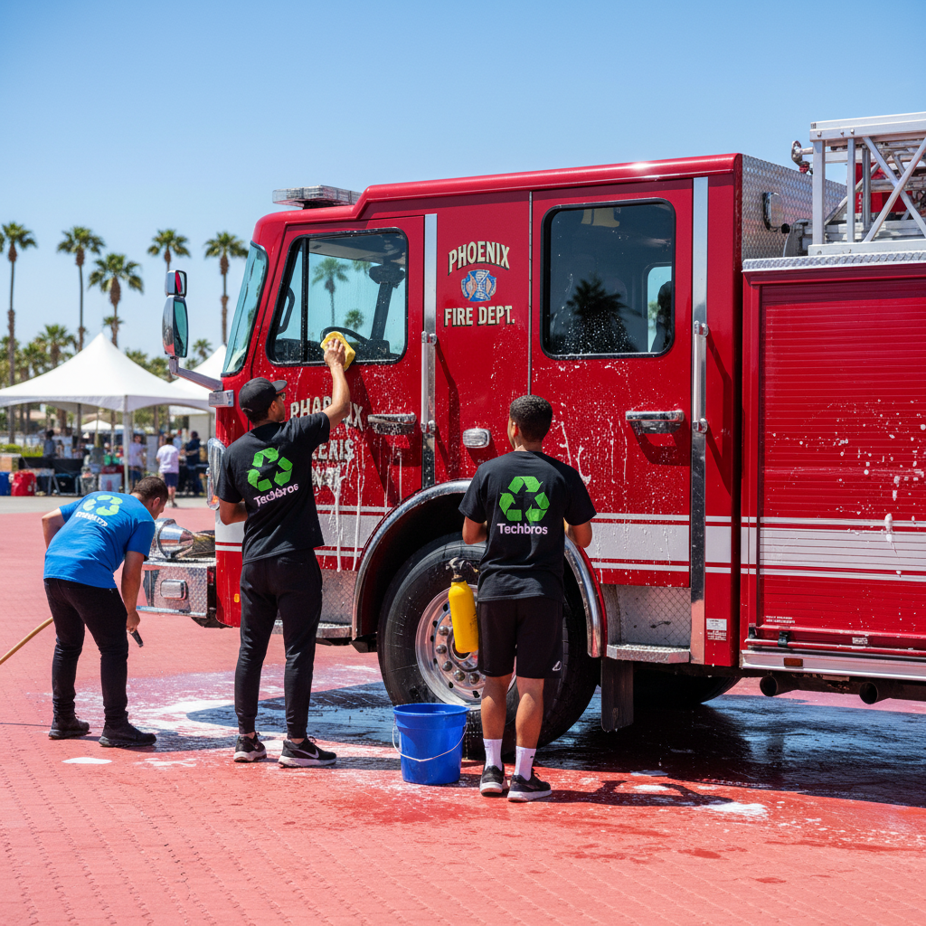 Techbros Cares team washing a Phoenix Fire Department truck at a community charity fundraiser in Phoenix, Arizona
